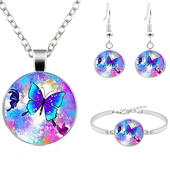🆕❗️ Creative Cute Butterfly Round Pendant Necklace & Bracelet & Earrings Set - Picture 5 of 6